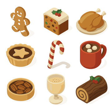 Seasonal Icon Set. Isometric Flat icon set of seasonal foods and treats: gingerbread cookie, fruitcake slice, roasted turkey,