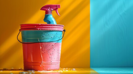 A colorful cleaning bucket with a spray bottle symbolizes cleanliness and efficiency, making it an ideal representation for household cleaning products and services.
