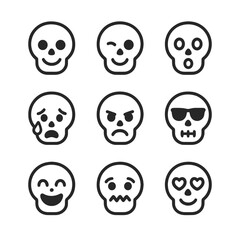 Skull Emoji Expressions. Outline icon set of skull emoji expressions: smiling skull, winking skull, surprised skull, crying skull,