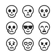 Skull Emoji Expressions. Outline icon set of skull emoji expressions: smiling skull, winking skull, surprised skull, crying skull,