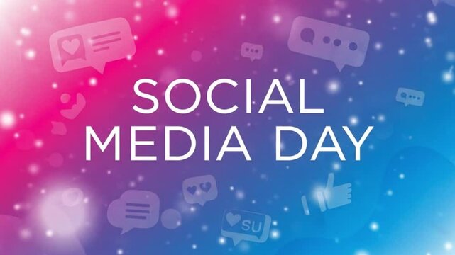 Colorful Social Media Day celebration animation with floating chat bubbles, likes, and hearts over a pink-blue radiant background. 4K