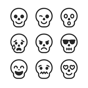 Skull Emoji Expressions. Outline icon set of skull emoji expressions: smiling skull, winking skull, surprised skull, crying skull,