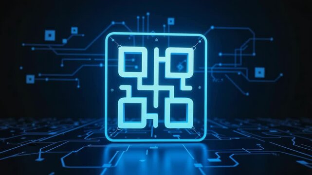 Neon QR code with digital circuits on dark background   - Powered by Adobe