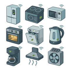 Smart Kitchen Icon Set. Isometric Flat icon set of energy-efficient kitchen appliances: smart energy-monitoring smart fridge,