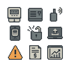 Smart Metering Icons. Pixel art icon set of smart metering infrastructure: advanced meter, data concentrator, RF module, meter