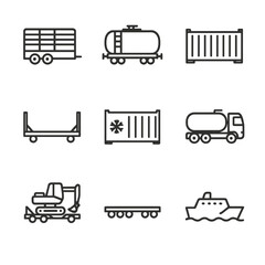 Special Cargo Icons. Outline icon set of special cargo: livestock trailer, tanker wagon, open-top container, flat rack,