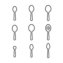 Spoon Icon Collection. Outline icon set of metal spoon types: teaspoon, tablespoon, dessert spoon, soup spoon, serving spoon,