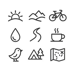 Sunrise Cycling Icons. Outline icon set of sunrise mountain bike rides: rising sun, horizon hills, bicycle silhouette, dew drop,
