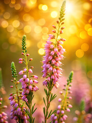 Obraz premium Vibrant Pink Heather Flowers in Full Bloom Glowing in Golden Sunlight Close Up View