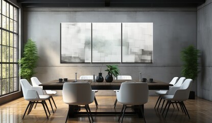 This spacious conference room showcases a modern design with stylish furniture and contemporary decor, ideal for meetings, collaborations, and corporate gatherings in a sleek setting.