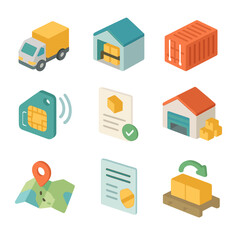 Supply Chain Icons. Isometric Flat icon set of supply chain management: supplier truck, inventory warehouse, transport container,