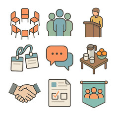 Support Group Icons. Isometric Flat icon set of support groups: circle of chairs, group of silhouettes, facilitator podium, name
