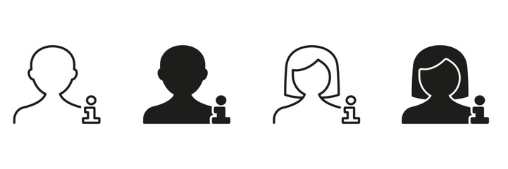 User Profile Information Icon Set. User Identification And Personal Data Outline And Silhouette Symbol Collection. Male And Female Avatar With Info Symbol. Isolated Vector Illustration