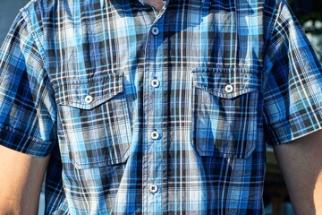 front part one classic cotton multicolored in blue and black check traditional with white round...