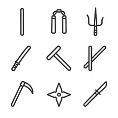 Fototapeta premium Traditional Weapons Icons. Outline icon set of traditional weapons: bo staff, nunchaku, sai, katana, tonfa, escrima sticks, kama,