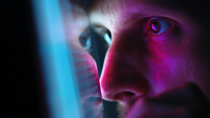 Closeup Profile of a Man's Face Illuminated by Blue and Purple Light from a Screen