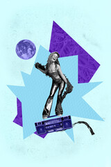 Zine sketch image vertical collage of happy girl guy dance astronomic party holiday celebration...