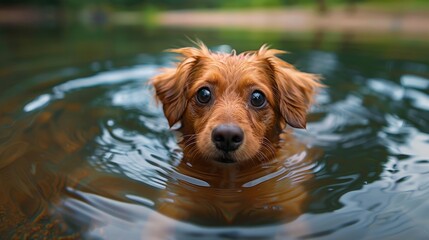 A cute dog is captured swimming in a serene body of water, its curious eyes reflecting the joy of playfulness and adventure in nature, evoking feelings of happiness and allure.