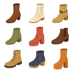 Vintage Boot Icons. Isometric Flat icon set of vintage and retro boots: Victorian lace-up boot, crochet boot, jodhpur boot, disco