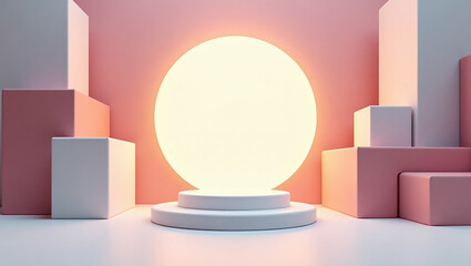 A conceptual, abstract backdrop features pastel pink and white cubes and a glowing circular light. At the center is a two-tiered platform, ideal for showcasing products or designs.

