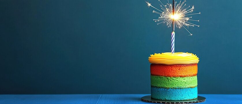 A small rainbow layer cake sits on a blue surface against a teal backdrop, topped with a lit sparkler and a single candle