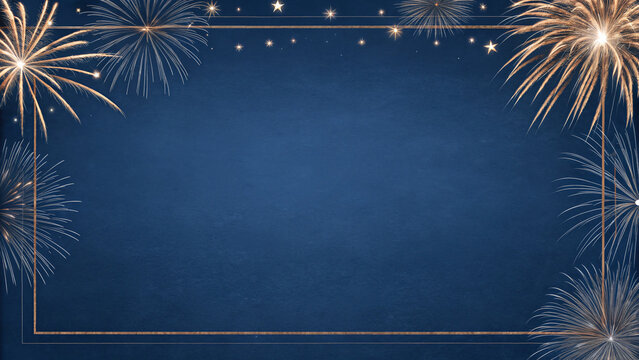 Elegant Fireworks Background with Blue and Gold Frame – Independence Day Celebration