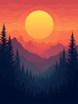 Sunset landscape, mountainous terrain, vibrant colors, large sun, gradient sky, silhouette pine trees, layered mountains, geometric art style
