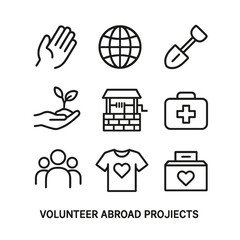Volunteer Icon Set. Outline icon set of volunteer abroad projects: helping hand, globe, shovel, planting tree, water well, first