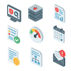 Vulnerability Management Icons. Isometric Flat icon set of vulnerability scanning and management: scanner console, CVE database,