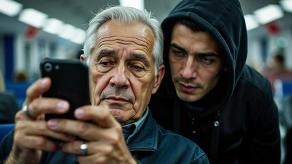 Hooded man spying on elderly man's phone in public transport. Cybercrime scene depicts hooded figure intently observing senior citizen using smartphone. Suspicious activity on public transportation.