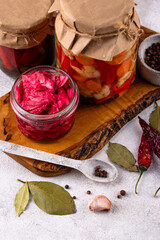 Healthy homemade fermented food in jars