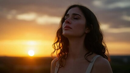Woman Taking Deep Breath with Tear-Streaked Face and Sunset in Background, Emotional Release