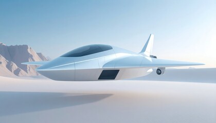 Fototapeta premium Chrome Spaceship Over Desert Landscape Under Pale Blue Sky