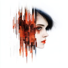 Abstract Digital Portrait of a Woman with Orange and Black Glitch Effect