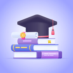 Graduation cap and diploma on stacked books. Academic education success, reading and knowledge. University library, study and goal concept. 3d vector illustration. Isolated vector icon.