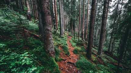 Obraz premium Lush path through deep forest