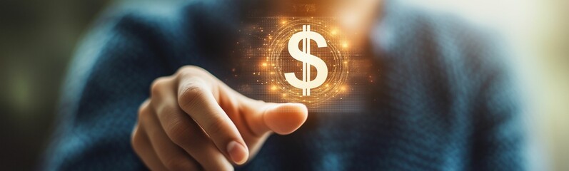 A Man's Hand Reaching Out to Touch a Glowing, Wireframe Dollar Sign, Symbolizing Financial Growth, Digital Currency, Investment, Technology in Finance, or the Concept of Making Money Online.


