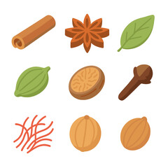 Whole Spices Icons. Isometric Flat icon set of whole spices: cinnamon stick, cardamom pod, star anise, bay leaf, peppercorn,