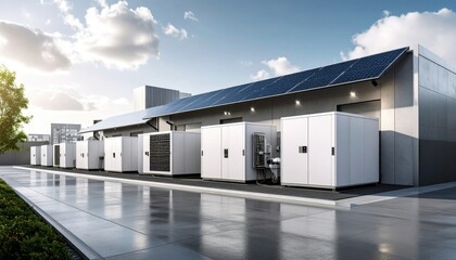 Cloud Infrastructure On Urban Rooftops Featuring White Server Units Under Blue Sky With Sunlight