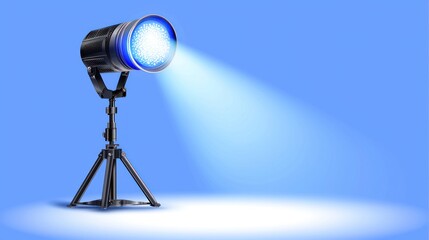 A studio spotlight on a tripod emits a bright blue beam against a light blue backdrop, casting a subtle glow on the floor