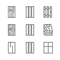 Wood Floorboard Icons. Outline icon set of wood floorboard varieties: oak plank, maple strip, bamboo slat, walnut board, cherry