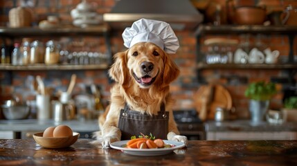 An adorable golden retriever wearing a chef's hat and apron, joyfully presenting a delicious meal, blending cuteness with culinary creativity in a warm kitchen setting.