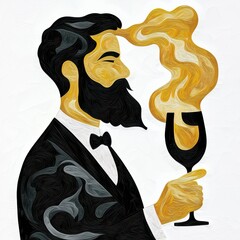 Bearded Man in Tuxedo Holding Amber Liquid with Stylized Smoke