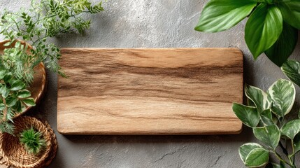 Wooden cutting board surrounded by green plants on a gray textured surface.
