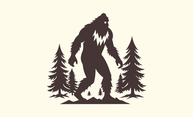 Bigfoot silhouette, forest legend graphic, black and white design