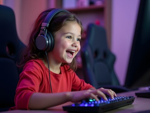Adorable Gamer Girl Enthusiastically Playing Games on Computer