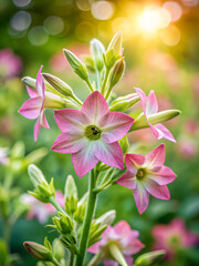 Close Up Macro Shot of Delicate Pink Nicotiana Flower Blossoms in Soft Sunlight Summer Garden Setting