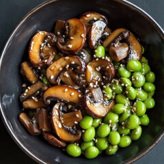 Fototapeta premium Roasted mushrooms and edamame in dark bowl