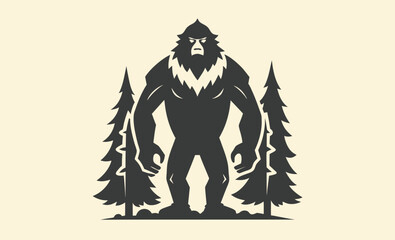 Bigfoot silhouette, forest legend graphic, black and white design