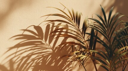 Palm leaves casting shadows on a beige wall creating a warm aesthetic.